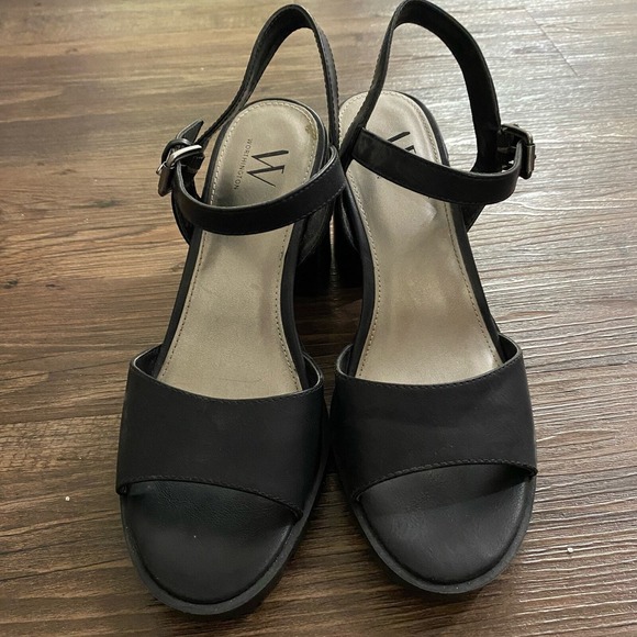 Worthington sz 8.5 Black Chunky Block Heel Sandals Ankle Strap Open Shoes‎ - Picture 2 of 8